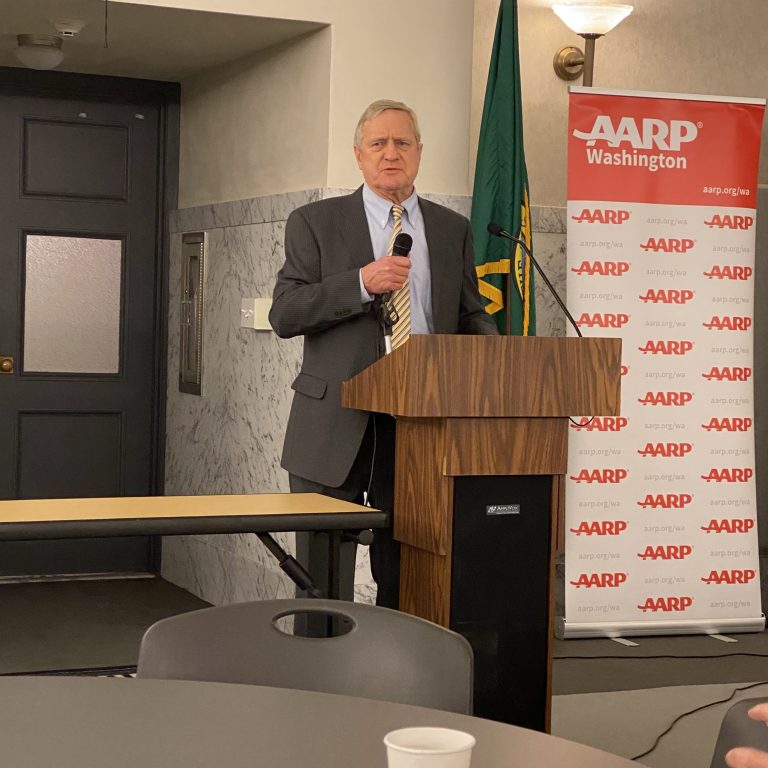 Rep. Steve Tharinger, D-Dungeness, spoke to the Age Wave Coalition on Thursday. (Christina Clem/AARP Washington) Rep. Steve Tharinger, D-Dungeness, spoke to the Age Wave Coalition on Thursday. (Christina Clem/AARP Washington)
