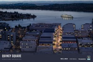 A rendering of an aerial view of the completed Quincy Square project on Fourth Street in Bremerton.
