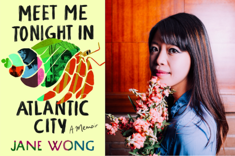 At left, the cover of Jane Wong's book Meet Me Tonight in Atlantic City. At right, a portrait of Jane Wong.