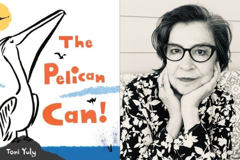 At left, the cover for Toni Yuly's book "The Pelican Can!" At right, a portrait of author Toni Yuly.