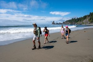 Hikers on Shi Shi Beach Trail near Neah Bay, Washington on sunny summer day.