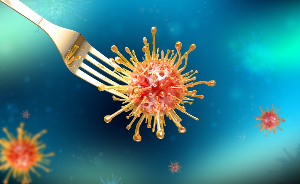 An illustration of a germ on a fork representing the concept of food poisoning