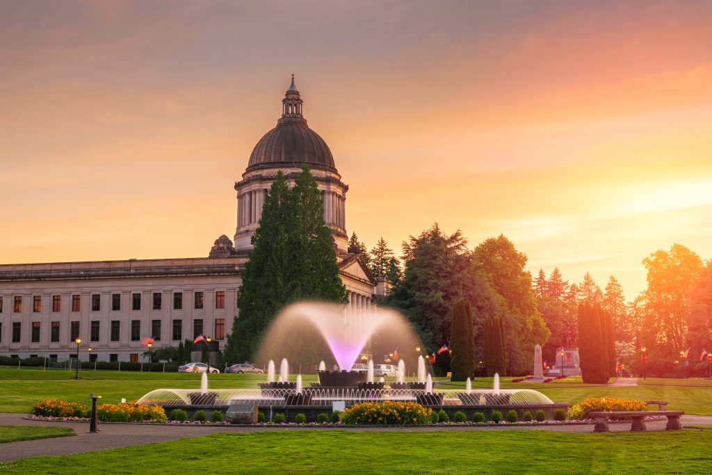 Olympia, Washington, USA state capitol building at dusk.