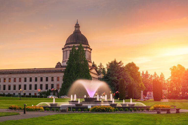 Olympia, Washington, USA state capitol building at dusk.